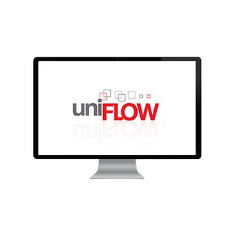 Computer screen showing the uniFLOW brand logo in grey and red letters. 