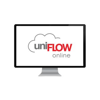 Computer screen showing the uniFLOW Online brand logo in grey and red letters, with a cloud outline.