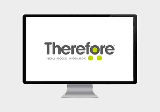 Computer screen showing the ‘Therefore’ brand logo in great lettering with green dots in and around the letter O.