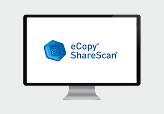 Computer screen showing the eCopy ShareScan logo in blue text and a hexangonal blue button. 
