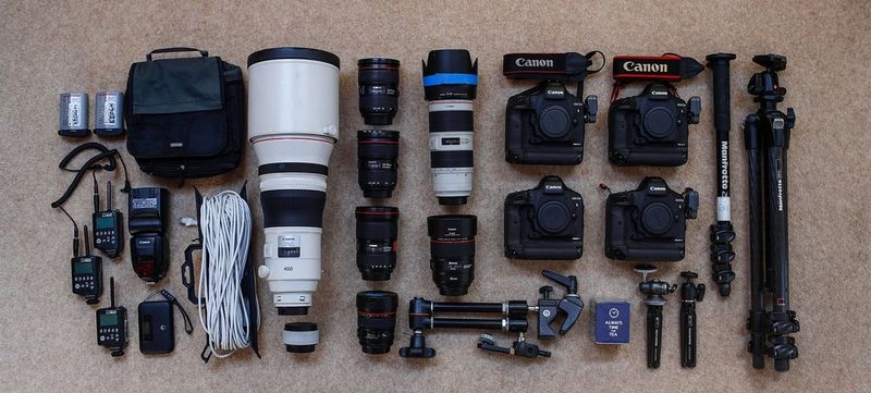 Eddie Keogh's kitbag with Canon cameras, lenses and accessories.