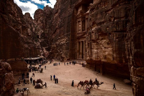 The Treasury façade, also known as Al-Khazneh, in the ancient city of Petra, Jordan.
