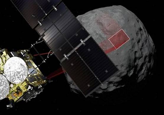 Image of the spacecraft Hayabusa2 approaching the asteroid Ryugu (Image reproduced with kind permission of JAXA)