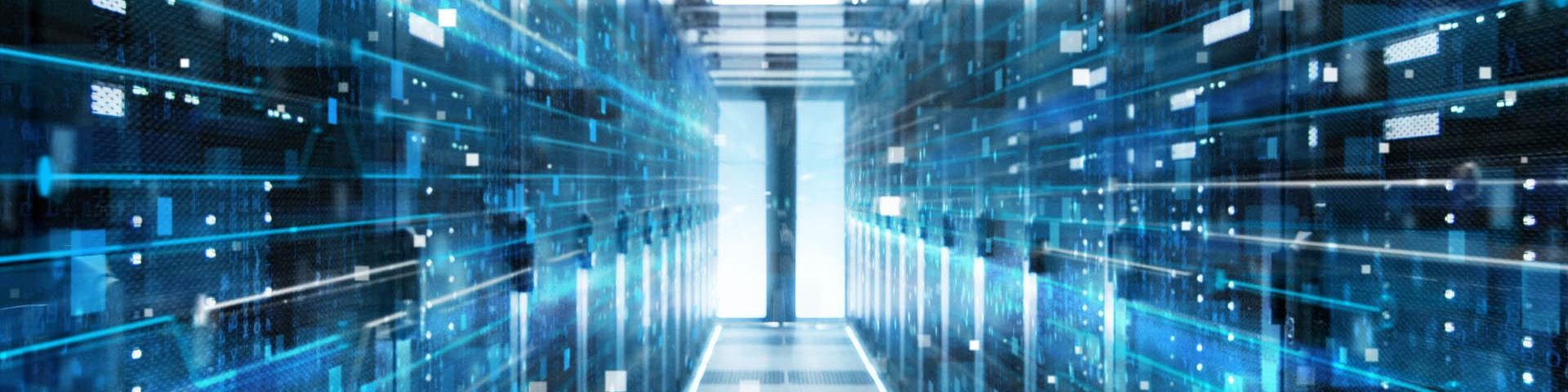 Representation of data – a blue, brightly lit and futuristic server room