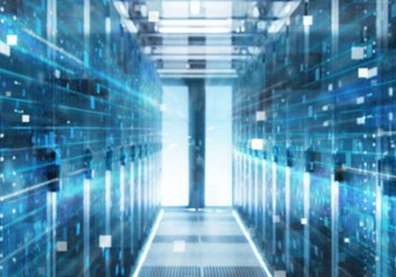 Representation of data – a blue, brightly lit and futuristic server room