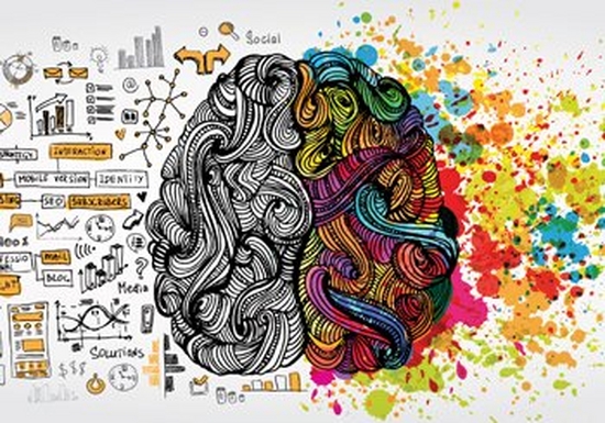 Illustration of a brain, showing the challenges of the business world on the left in simple line drawings of black, grey and orange, and bright, multi-coloured paint splashes on the right.