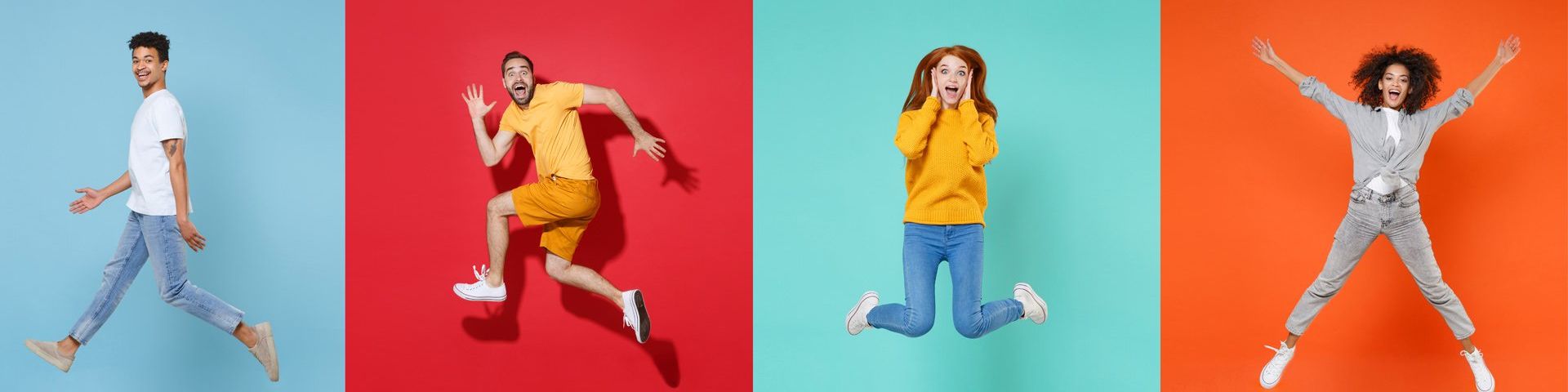 Four people photographed separately on coloured backgrounds. Left to right: A man in a white t-shirt and blue jeans, turned to one side and jumping in mid-air with legs apart against a blue background. A man in orange shorts, a yellow t-shirt and white sneakers, posing as though running while pulling a silly face, against a red background. A woman in a yellow jumper, blue jeans and white sneakers jumping with her hands against her face on a turquoise background and a woman in a grey shirt, grey jeans and white sneakers, star-jumping against an orange background.
