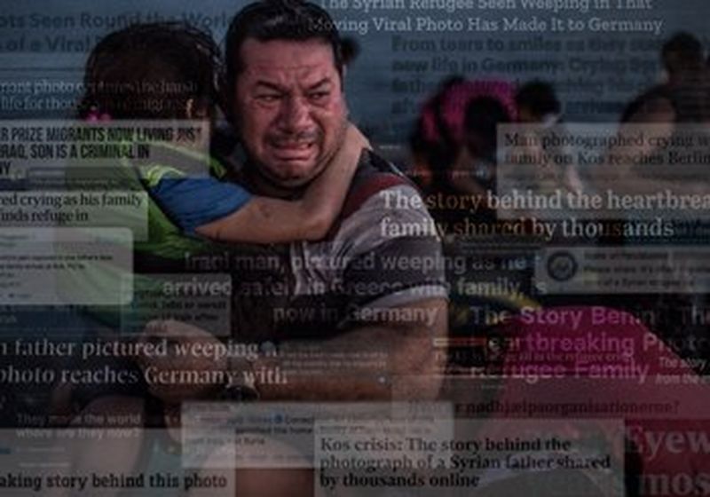 A crying man, carrying a child, who has their arms around his neck and is wearing a fluorescent yellow life jacket. In the background are people alighting from a rubber dinghy. Superimposed over the image are newspaper headlines, both positive and negative about the photo.