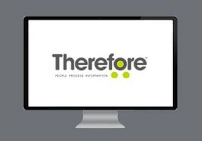 Computer screen with white background and ‘Therefore’ logo in grey lettering with three bright green dots in and around the letter O.