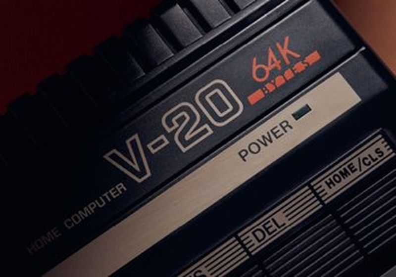 A close up of the Canon V-20 home computer, showing the text ‘HOME COMPUTER V-20 65K’, the power indicator and F keys. Image courtesy of Thames and Hudson