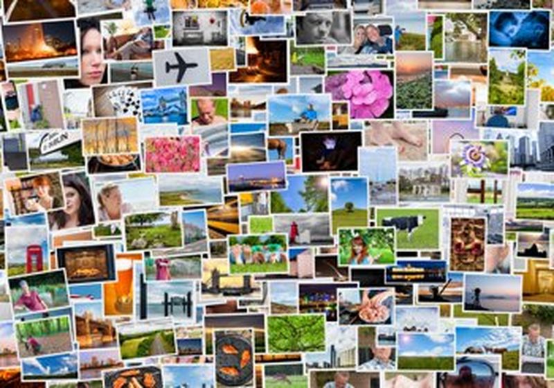 A collage of colourful photographs, including pictures of people, places, landscapes, flowers and objects.