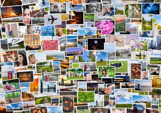 A collage of colourful photographs, including pictures of people, places, landscapes, flowers and objects.