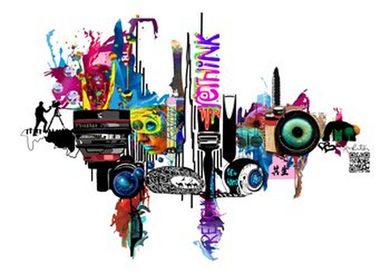 A brightly coloured illustration on a white background. Among the stylistic elements are drawings of Canon lenses, a paintbrush, Japanese lettering, a black image of a person operating a film camera, the words ‘reach’ and ‘rethink’ depictions of buildings, hearts and paint splashes. On the right is a QR code.