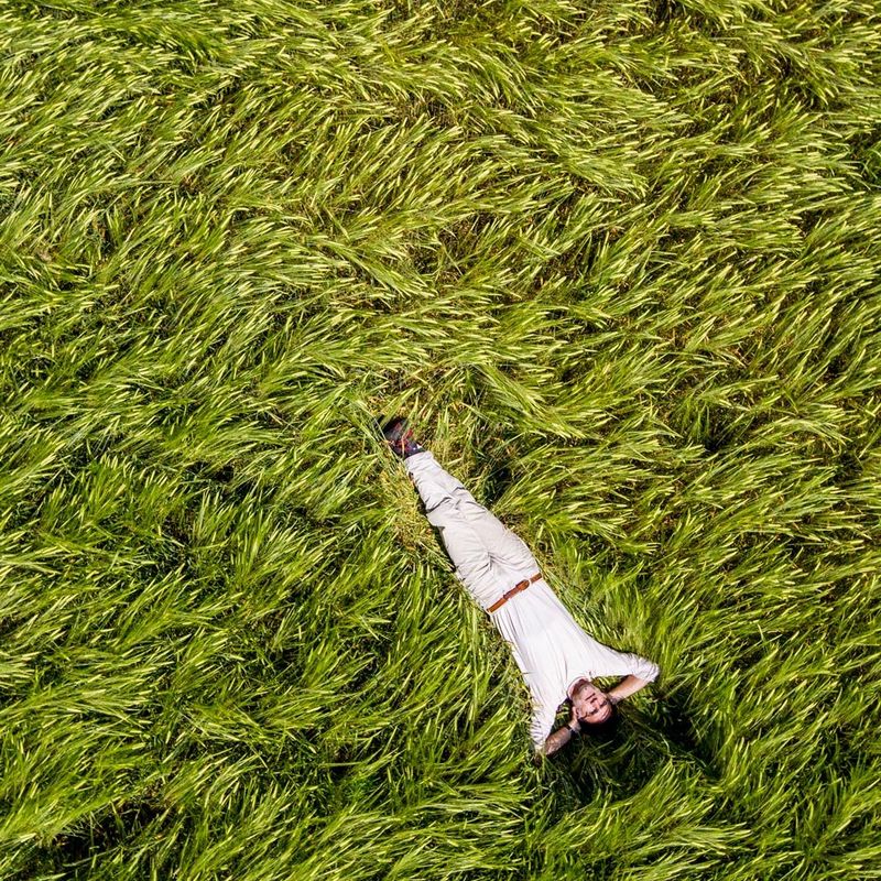 Man lying in field of long grass