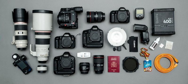 Jaime de Diego's kitbag containing Canon cameras and lenses.