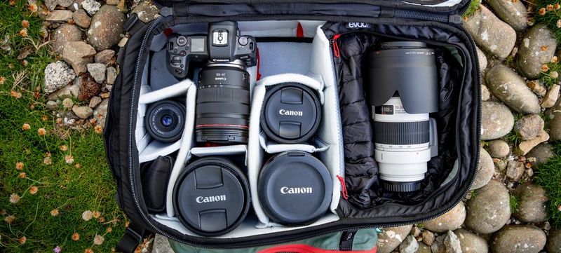 Canon Ambassador Richard Walch's kitbag, containing Canon cameras and five lenses.