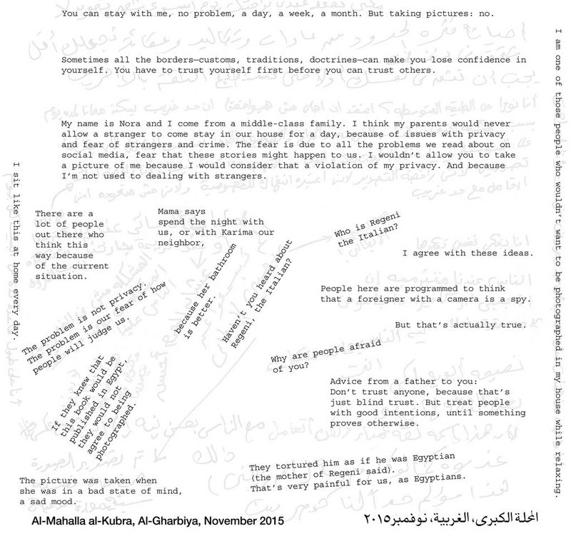 An image from Bieke's book, As It May Be. A woman lounges on cushions; quotes from her friends and family have been written over the image and are translated on the right. 