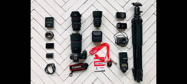 Jaroslav Monchak's kitbag containing Canon cameras and lenses.