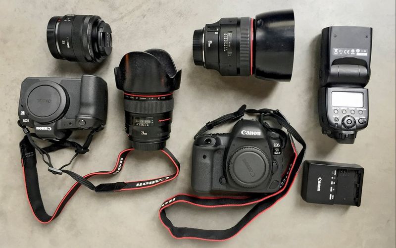 The cameras, lenses and photo accessories in Lieve Blancquaert's kitbag.