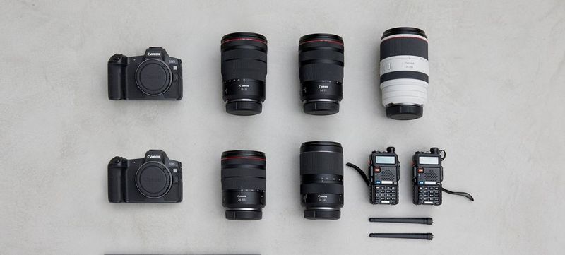 An array of Canon cameras and lenses - the contents of Canon Ambassador Martin Bissig's kitbag.