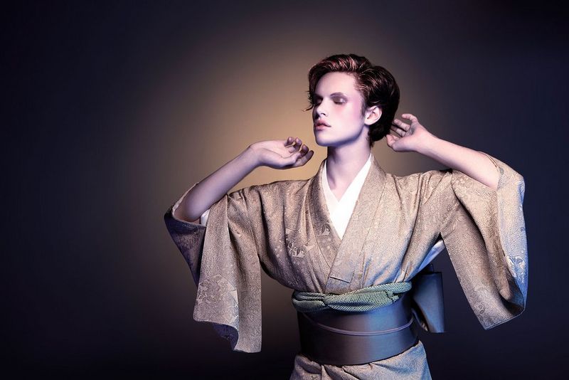 A male model wears a Japanese silk kimono. Taken on a Canon EOS 5D Mark II by Canon Ambassador Quentin Caffier.
