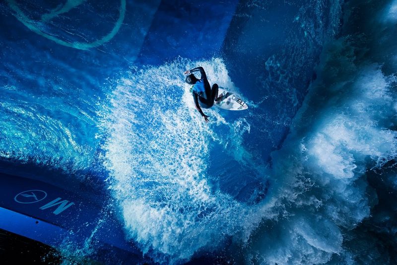 Surfer Lennard Weinhold riding an artificial wave, shot from above by Canon Ambassador Richard Walch. Taken on a Canon EOS-1D X Mark II.