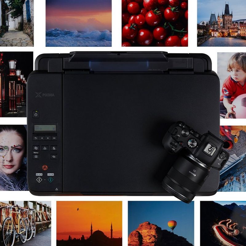 A top-down shot of a Canon camera sitting atop a Canon PIXMA printer, with a collage of photos in the background.