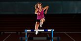 A female athlete in a purple vest leaping over a hurdle.