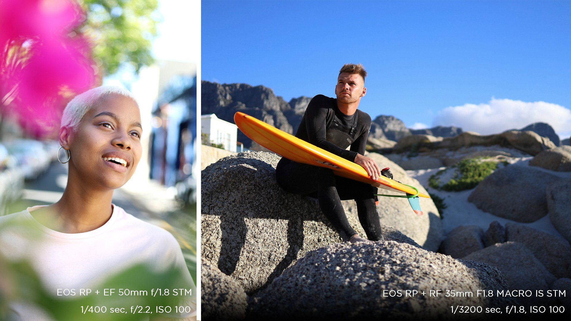 A composite picture: a smiling young woman beside out of focus flowers in one shot; and a surfer sits on some rocks with his surfboard in the other. Photos taken on a Canon EOS RP.
