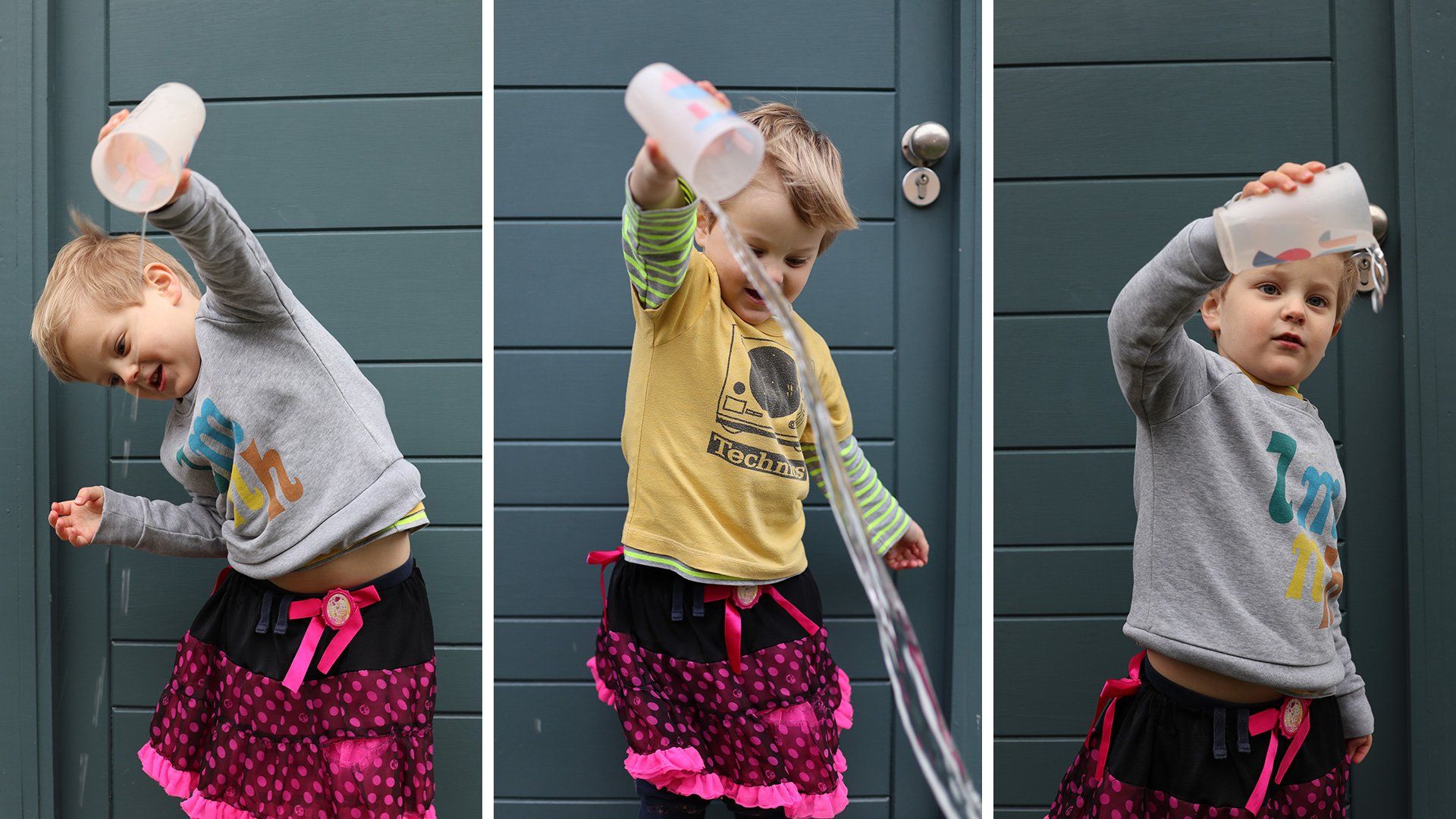 Three pictures show a young boy playing with a cup of water. Taken on a Canon EOS M50 by Katja Gaskell.