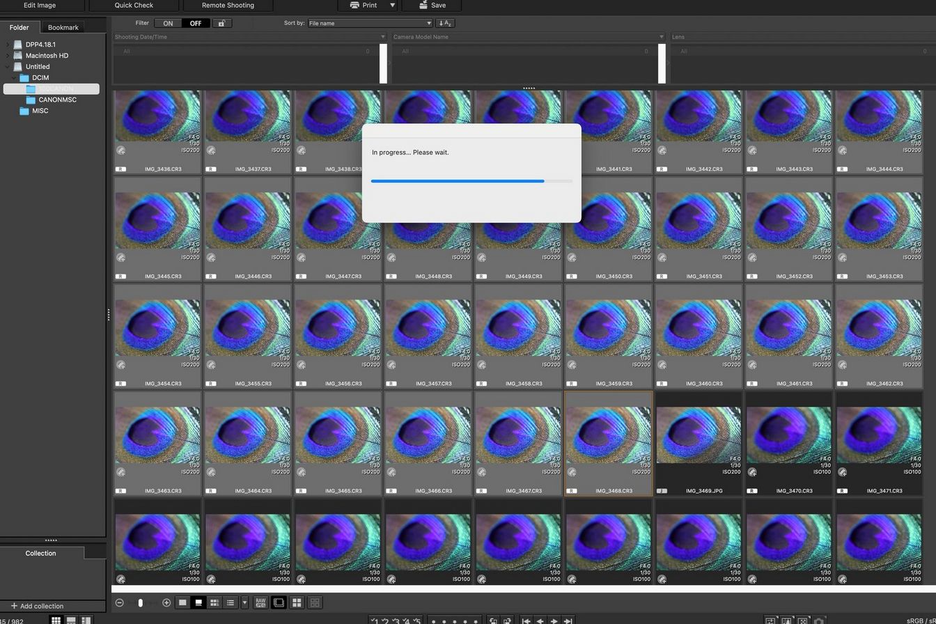 Snímek obrazovky z programu Digital Photo Professional (DPP) zobrazující stavový řádek hloubkové kompozice.