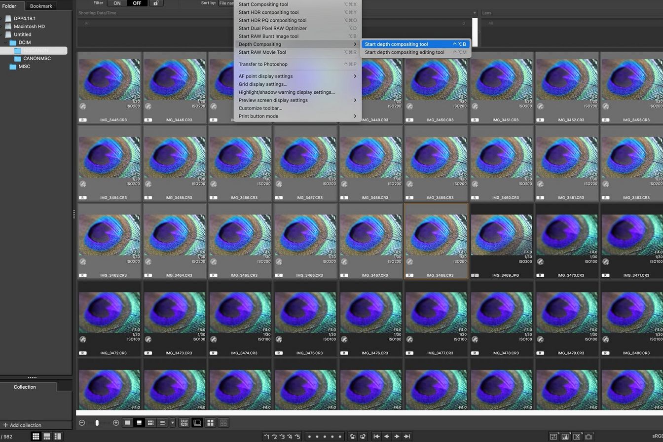 Слика од екранот од Digital Photo Professional (DPP) што го прикажува избирањето на алатката за спојување повеќе длабочини на поле од лентата со мени.