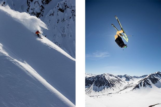A split image shows a skier descending down a steep slope on one side, and another skier performing a somersault on the other.