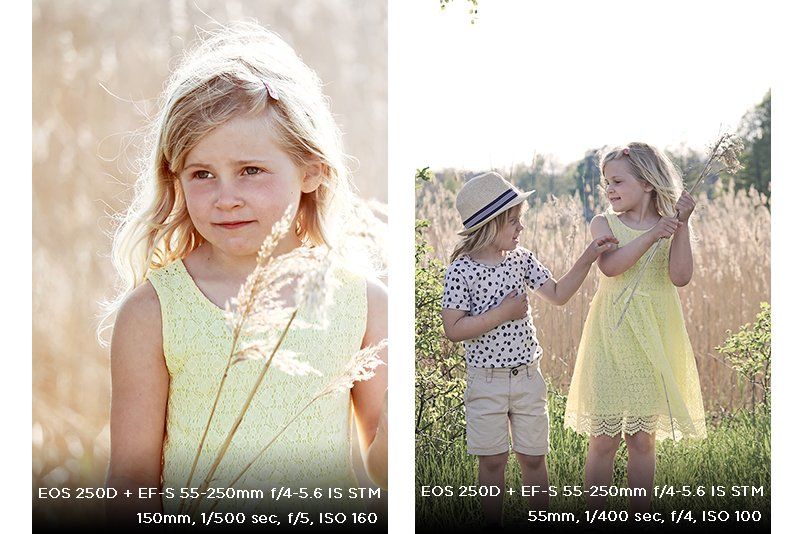 A composite shows a girl in a field of long grass, then standing with a boy in the same field, photographed by Hannah Clark on a Canon EOS 250D.