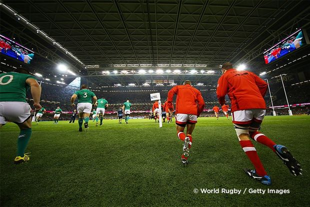 Players pictured running past the camera onto the field for the match between Ireland and Canada in the 2015 Rugby World Cup. Photo by Richard Heathcote.