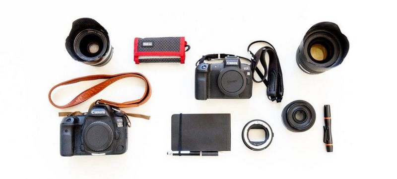 Contents of photographer Daniel Etter's kitbag, including Canon EOS R, 5D Mark IV & lenses