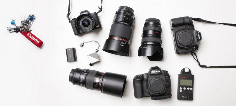 Canon Ambassador Eberhard Schuy's photography kitbag, including a Canon EOS EOS R, M50, 5D and lenses.