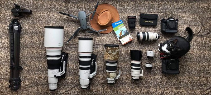 Canon Ambassador Marina Cano's Canon kitbag, with a Canon EOS-1D X Mark II and Canon lenses.