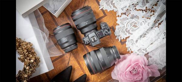 Félicia Sisco’s camera and lenses on a table for a wedding shoot. 