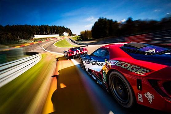 Two Ford GT cars racing around the Spa-Francorchamps circuit. Taken by Drew Gibson.