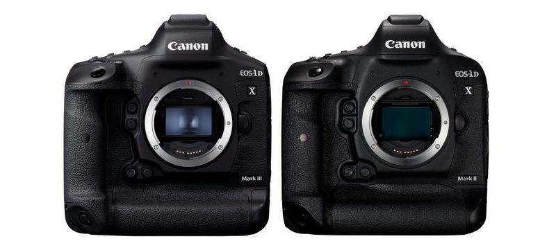 A Canon EOS-1D X Mark III and EOS-1D X Mark II side-by-side.