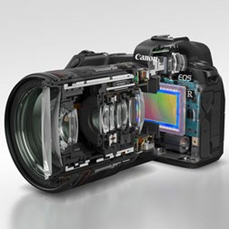 A cutaway image showing a cross-section inside a Canon EOS R camera and RF lens.