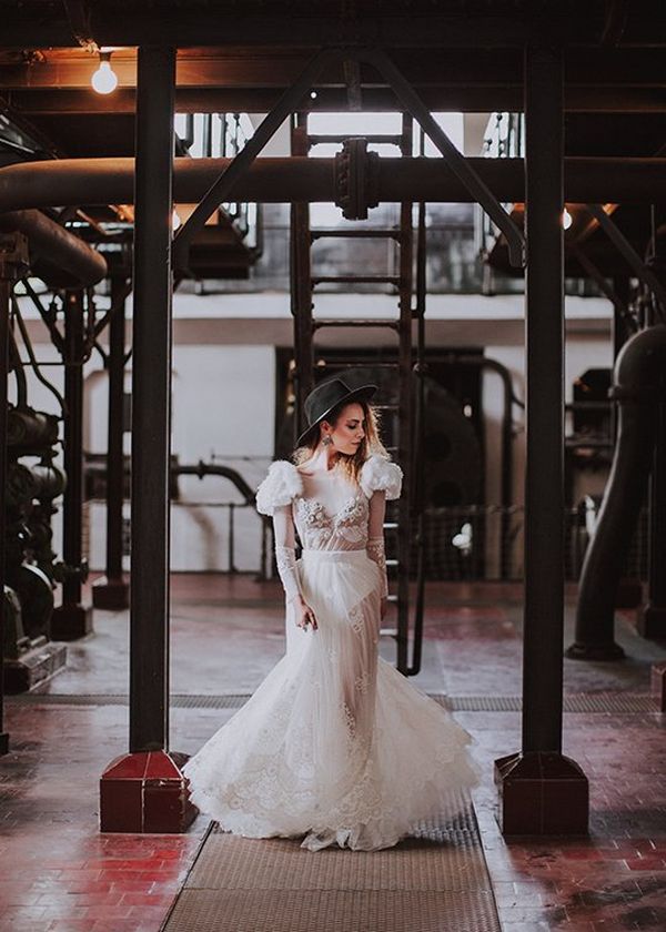 Portrait of a bride in disused power station. Photo by Dasha Starr on Canon EOS 5D Mark III.