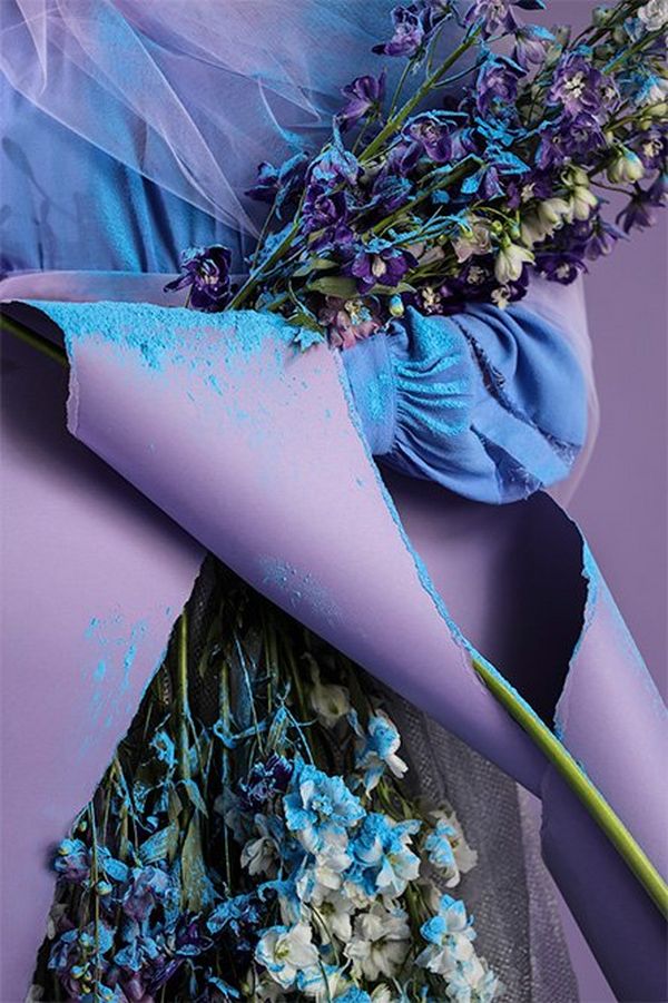 A still life of flowers, torn paper and powder with a blue and purple theme. 