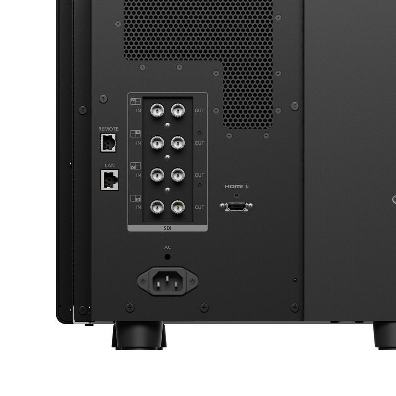 Detail of the four 12G-SDI interface terminals on the rear of the Canon DP-V3120.