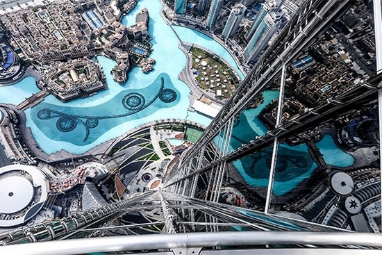 A photograph of the downtown Dubai area, taken from the 124th floor of the Burj Khalifa C the world's tallest tower.