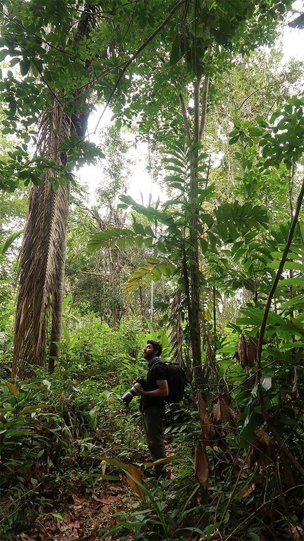 Filmmaker Peiman Zekavat in the jungle holding a Canon camera.