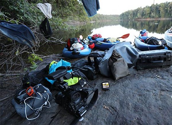 Peiman Zekavat's filming equipment beside a river.