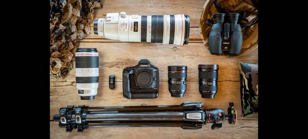 Marina Cano’s photography kit, including a Canon EOS-1D X Mark III. 