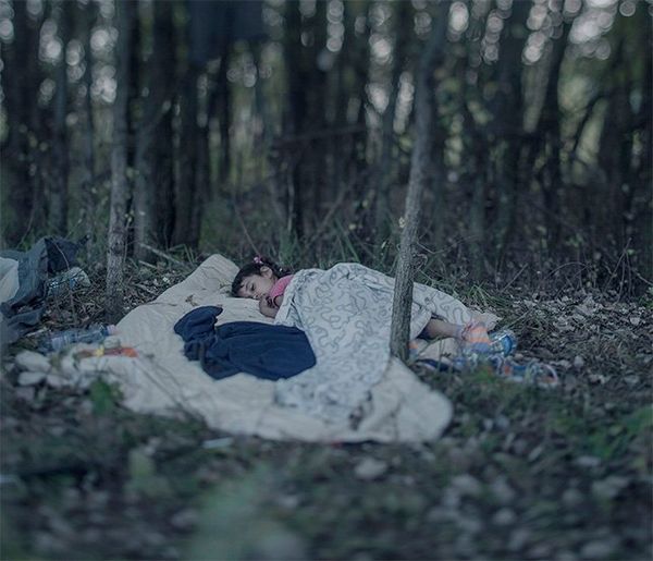 A small girl lies asleep in a woodland, under heaps of blankets. The image is soft and dreamlike